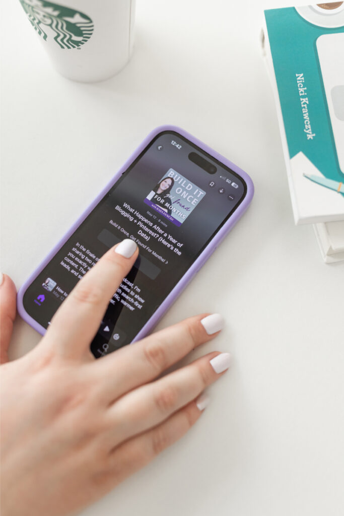 Kara presses play on her private podcast, one topic highlighting how to repurpose podcast episodes into evergreen blog content.