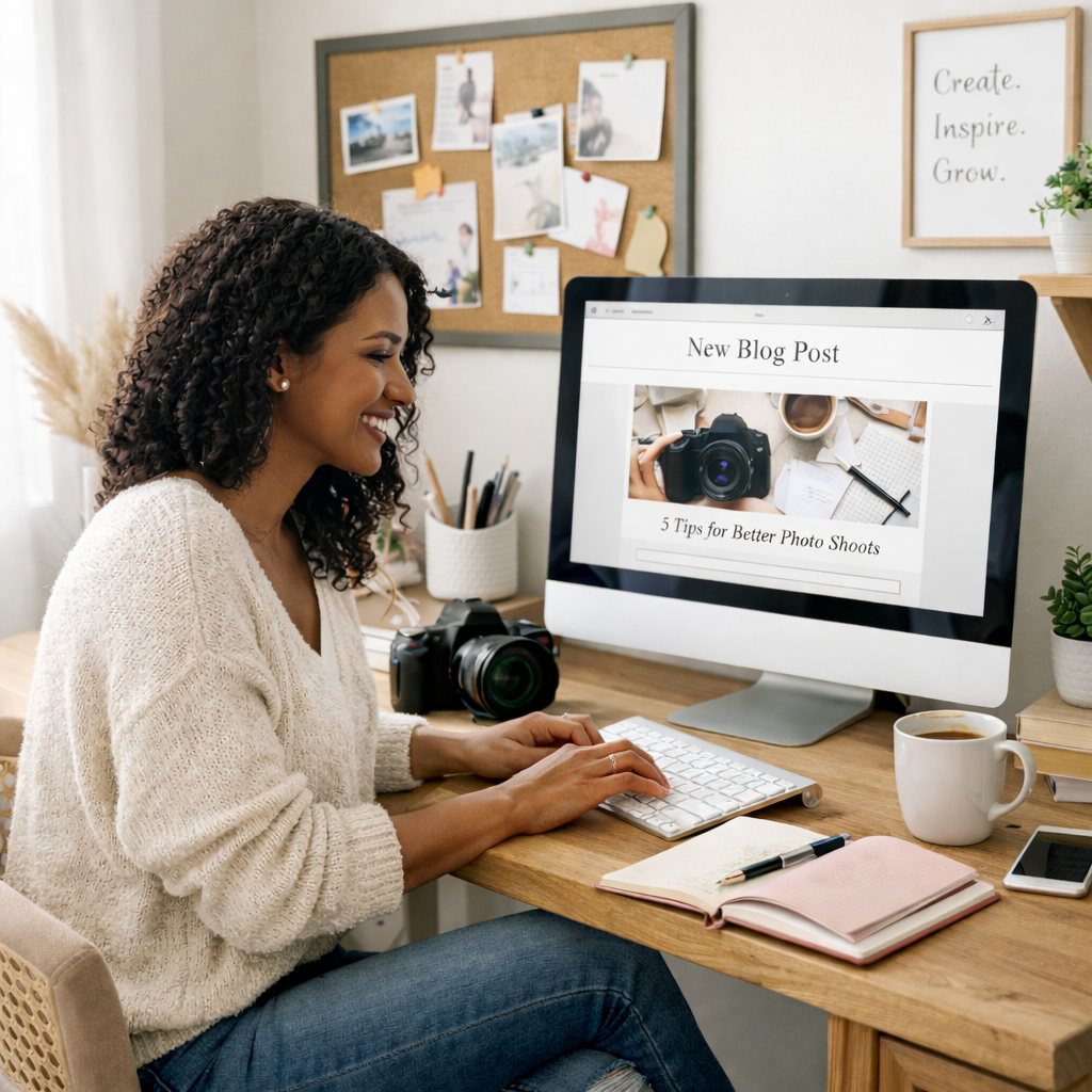 photographer sits at her desk writing a blog to improve her seo