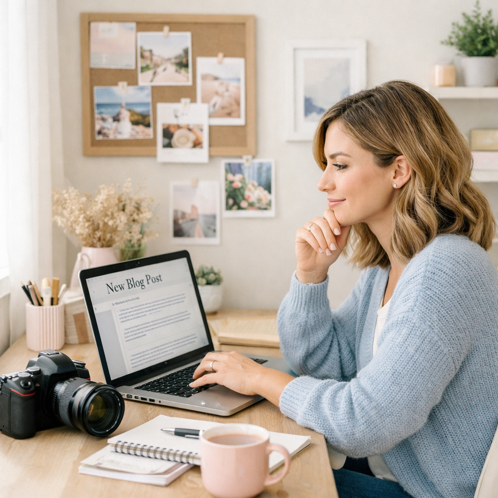 woman sits down at her computer to start blogging learning about seo for photographers