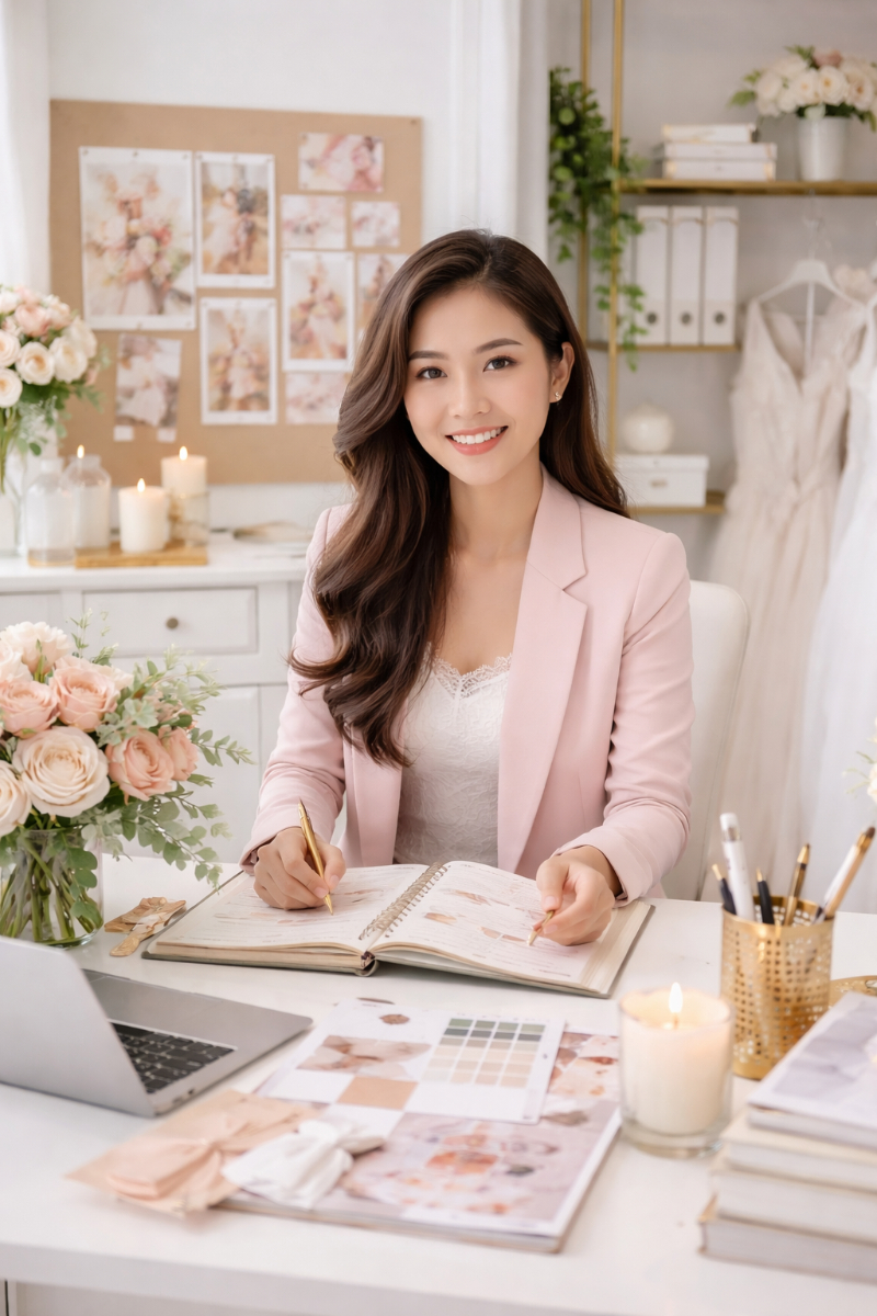 wedding planner sitting at her desk learning about seo for wedding planners