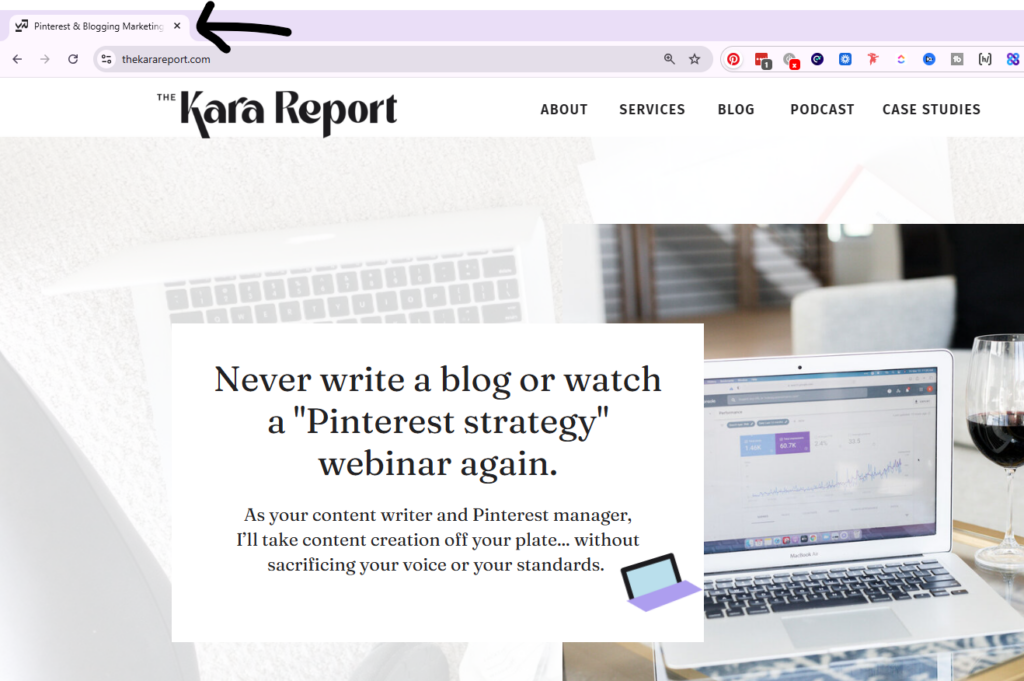 arrow pointing to the meta title in the tab of my chrome browser
