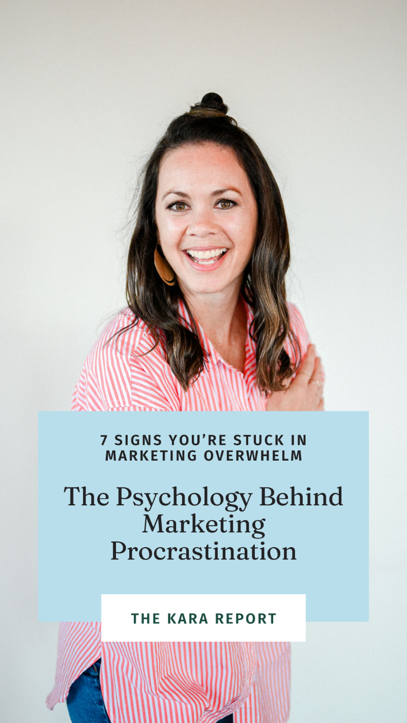 Portrait of Tayler Cusick-Hollman smiling in a striped shirt beside text about marketing procrastination and signs you’re stuck in marketing overwhelm.